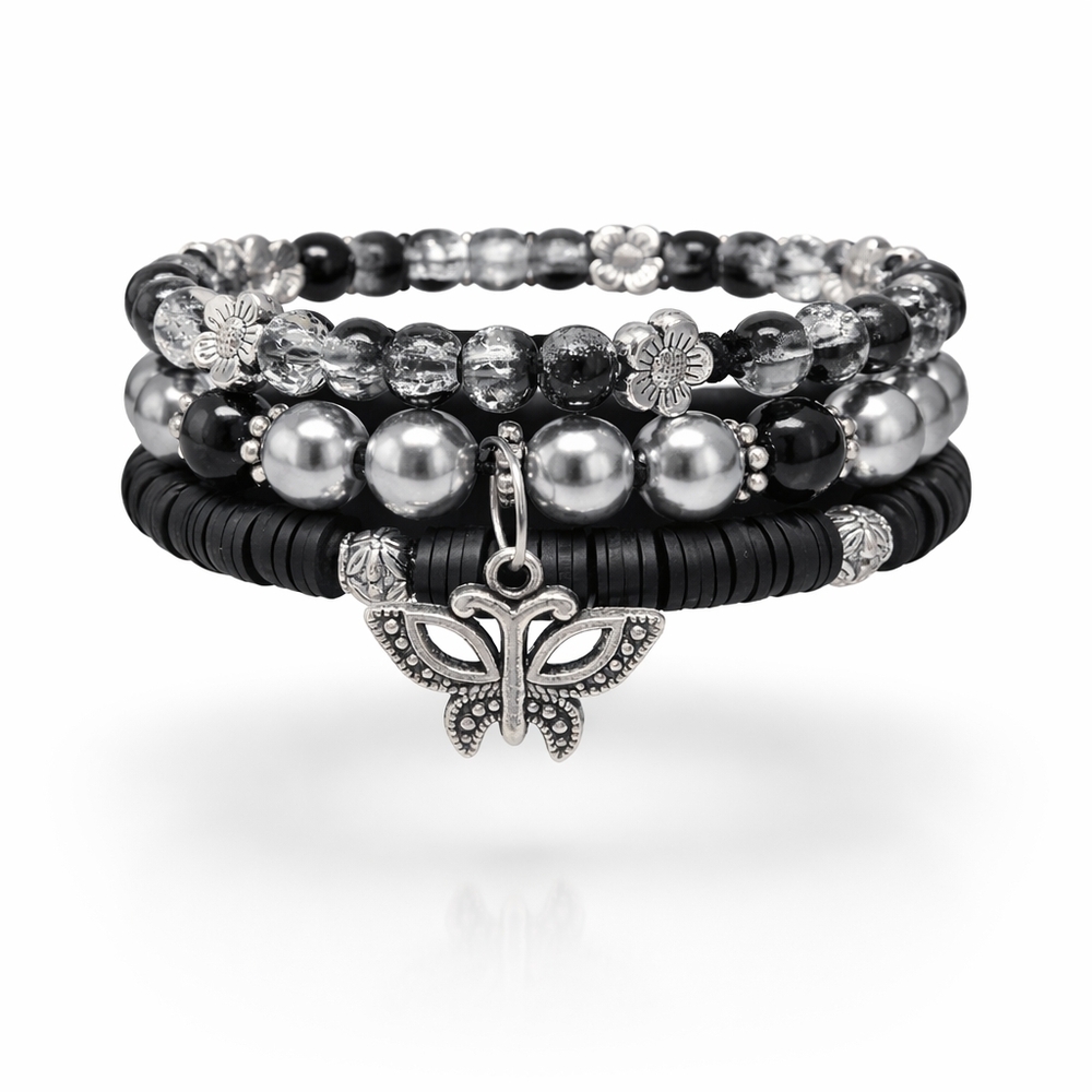 Elegant Black and Silver Beaded Stack Bracelet Set